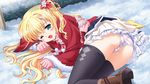  aqua_eyes artist_request ass blonde_hair blush boots kandatsu_kina long_hair lying nekoneko_soft one_eye_closed open_mouth outdoors panties skirt snow solo striped striped_panties thighhighs underwear yukiiro 