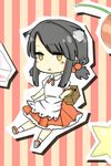  apron artist_request ascot bangs basket black_hair blunt_bangs blush cherry expressionless food frilled_skirt frills fruit holding lowres mole open_mouth outstretched_arm pleated_skirt ponytail short_hair sita_vilosa sitting skirt socks solo star striped sword_girls white_legwear yellow_eyes 