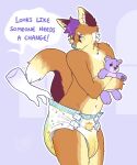 abuniverse ambiguous_gender anthro blue_nose bodily_fluids canid canine clothed clothing diaper diaper_check duo english_text fox fur genital_fluids hair hi_res lexxypaws little_kings little_kings_(diaper) male male/male male_focus mammal markings open_diaper pampedfox(oliver) plushie purple_hair putting_on_diaper ringed_eyes solo_focus teddy_bear text topwear unclean_diaper urine used_diaper wearing_diaper wet_diaper