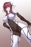  1girl adapted_costume alternate_costume alternate_hairstyle blush bodysuit breasts bun_cover cosplay covered_navel double_bun fate/grand_order fate_(series) hair_intakes hand_on_hip impossible_clothes large_breasts looking_at_viewer purple_hair qin_liangyu_(fate) qin_liangyu_(fate)_(cosplay) red_eyes scathach_(fate)_(all) scathach_(fate/grand_order) shuugetsu_karasu skin_tight solo standing 