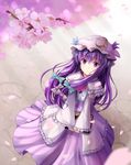  book capelet cherry_blossoms coat crescent dress hair_ribbon hat highres long_hair open_clothes open_coat patchouli_knowledge petals pink_dress purple_eyes purple_hair qiuzhi_huiyi ribbon solo striped striped_dress touhou tree v_arms 