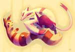  bad_id brown_eyes commentary creature friends full_body furret gen_2_pokemon gen_5_pokemon glitchedpuppet highres light_smile mienshao no_humans playing pokemon pokemon_(creature) red_eyes smile yellow_background 