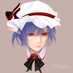  ascot blue_hair character_name flower hat hat_ribbon head lucia_(artist) pointy_ears portrait realistic red_eyes remilia_scarlet ribbon rose short_hair simple_background solo touhou 