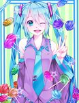  aqua_eyes aqua_hair bad_id bad_pixiv_id candy detached_sleeves food hatsune_miku lollipop long_hair necktie one_eye_closed open_mouth rabuka solo star striped striped_background twintails v vocaloid 