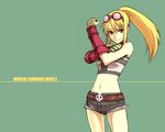  arm_guards belt blonde_hair bras_d'honneur character_name copyright_name denim denim_shorts flexing gloves goggles goggles_on_head green_background holding_arm long_hair midriff morlin navel pose red_eyes shorts skull smile solo strapless summon_night summon_night_2 tubetop wallpaper yu_65026 