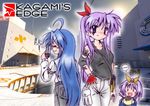  3girls :3 =_= ahoge bag between_breasts blue_hair blush bow breasts cargo_pants cosplay crossover elbow_pads facial_tattoo faith_connors faith_connors_(cosplay) fingerless_gloves gaketsu gloves gun hair_bow hairband hand_on_hip handgun hiiragi_kagami hiiragi_tsukasa izumi_konata long_hair lucky_star medium_breasts messenger_bag mirror's_edge mole mole_under_eye multiple_girls pants parody pistol pun purple_eyes purple_hair shirt shoulder_bag siblings sisters strap_cleavage tank_top tattoo twins twintails very_long_hair weapon yarn yarn_ball 