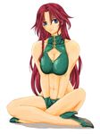  abs bare_shoulders bikini blue_eyes braid breasts cleavage cleavage_cutout collarbone gloves high_heels highres hong_meiling large_breasts ledjoker07 lips long_hair midriff navel red_hair shoes sitting solo swimsuit touhou twin_braids v_arms very_long_hair 