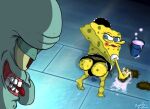 2019 angry anthro blue_body blue_eyes blue_skin blush bulge butt cephalopod cleaning clothing coleoid duo inside lipstick looking_at_butt looking_back maid_uniform makeup male male/male marine mollusk napalmxiphias nickelodeon octopodiform octopus red_eyes red_tongue sea_sponge signature soap spongebob_squarepants spongebob_squarepants_(character) squidward_tentacles teeth tongue uniform yellow_body yellow_sclera yellow_skin