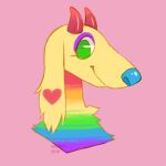 1:1 2018 2_horns anthro artist_name blue_nose borzoi bovid bovine bust_portrait canid canine canis cattle chotpot closed_smile dated digital_drawing_(artwork) digital_media_(artwork) domestic_dog english_description eyelashes eyeshadow female female_anthro fluffy_ears fur green_eyes heart_(marking) horn hunting_dog hybrid lovely_(lovelypup3) makeup mammal markings mouth_closed multicolored_body multicolored_fur pink_background portrait purple_eyeshadow rainbow_body rainbow_fur red_horn red_markings shaded sighthound simple_background simple_shading smile solo text yellow_body yellow_fur