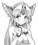  3: blush breasts collar covering covering_breasts cuffs cuffs-to-collar greyscale headdress large_breasts long_hair looking_at_viewer monochrome nude riesz seiken_densetsu seiken_densetsu_3 shin_(sin-maniax) slave solo 