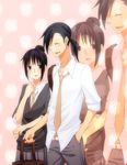  1boy 1girl belt black_hair blush eyes_closed fullmetal_alchemist lan_fan ling_yao necktie open_mouth pants purple_eyes school_uniform skirt 