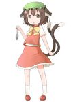  animal_ears bow bowtie brown_eyes brown_hair cat_ears cat_tail chen commentary hat holding mouse multiple_tails nakashino_setsu short_hair simple_background skirt skirt_set solo standing tail touhou white_background 