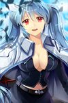  belt blue_hair breasts collarbone dandel22 jacket large_breasts long_hair lowres luthica_preventer midriff navel open_mouth red_eyes smile solo sword_girls twintails 