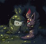  bad_deviantart_id bad_id blue_eyes commentary creature dark eye_contact full_body gen_5_pokemon glitchedpuppet highres looking_at_another no_humans pokemon pokemon_(creature) serious shiny_pokemon signature swadloon yellow_eyes zorua 