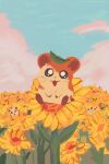  blue_sky character_request cloud commentary field flower flower_field hamster hamtaro hamtaro_(series) highres kaburu_(hamtaro) leaf leaf_on_head no_humans ribbon_(hamtaro) sitting sky starglow sunflower sunflower_field taishou_(hamtaro) v-shaped_eyebrows whiskers 