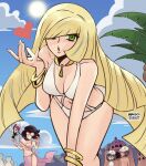  1boy 3girls :o absurdres aether_foundation_employee artist_name bikini bikini_top_pull blonde_hair blue_hair blue_sky brown_hair cloud commentary english_commentary gem glasses green_eyes green_gemstone hair_over_one_eye hat heart highres long_hair looking_at_viewer lusamine_(pokemon) multiple_girls navel open_mouth palm_tree palossand pikipek pink-framed_eyewear pink_bikini pokemon pokemon_sm short_hair sky solid_oval_eyes sun sunburst sweatdrop swimsuit tree wanderjegson white_bikini white_hat wicke_(pokemon) 
