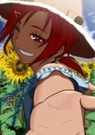  bare_shoulders blush eyelashes flower grin hair_ornament hairclip hat highres hino_akane_(smile_precure!) jewelry necklace one_eye_closed outstretched_hand ponytail precure red_eyes red_hair shadow shinkuoh short_hair smile smile_precure! solo sunflower 