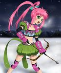  1girl arrow bow_(weapon) chelsea_torn choker elbow_gloves gloves green_eyes knee_pads long_hair lowres midriff night open_mouth pink_hair snow tales_of_(series) tales_of_destiny weapon 