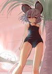  animal_ears bare_legs bare_shoulders beach grey_hair ishikkoro mouse_ears mouse_tail nazrin ocean one-piece_swimsuit outdoors palm_tree red_eyes school_swimsuit short_hair sketch solo swimsuit tail touhou tree 