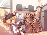  alternate_costume amplifier ankle_ribbon barefoot blonde_hair book bow breasts brown_eyes dress feet futatsuki_hisame hair_bow hat jewelry kurodani_yamame lying medium_breasts ponytail ribbon short_hair smile soles solo table toes touhou tribal 