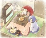  1girl akeome bag big_hair blue_hair from_above gen_1_pokemon gen_5_pokemon hair_slicked_back happy_new_year kojirou_(pokemon) kotatsu meowth musashi_(pokemon) new_year pokemon pokemon_(anime) pokemon_(creature) pokemon_bw_(anime) red_hair shopping_bag sleeping table team_rocket television usao_(313131) woobat yamask 