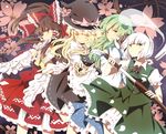  apron ascot bad_id bad_pixiv_id black_dress blonde_hair bow braid brown_eyes brown_hair cherry_blossoms covering_mouth detached_sleeves dress frog_hair_ornament gohei green_eyes green_hair hair_bow hair_ornament hair_ribbon hair_tubes hakurei_reimu hand_on_headwear hat hat_ribbon katana kirisame_marisa kmkr kochiya_sanae konpaku_youmu konpaku_youmu_(ghost) long_hair mini-hakkero multiple_girls open_mouth ribbon sheath shirt short_hair silver_hair skirt skirt_set smile snake spell_card sword ten_desires touhou unsheathing vest waist_apron weapon witch_hat yellow_eyes 