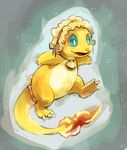  blue_eyes charmander clothed_pokemon commentary fang full_body gen_1_pokemon glitchedpuppet green_background grey_background looking_away no_humans pokemon pokemon_(creature) ribbon shell_bell shiny_pokemon signature smile solo standing standing_on_one_leg tail tail_ribbon white_background yellow_skin 