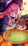  1girl :d animal bat_(animal) black_hat blurry blurry_background blurry_foreground commentary_request depth_of_field full_moon grey_shirt hair_between_eyes hair_intakes hair_ornament hair_ribbon hat highres holding holding_spoon jack-o&#039;-lantern long_hair long_sleeves moon original oversized_spoon pink_hair purple_ribbon purple_robe ribbon rimuu robe shirt smile solo spoon teeth upper_teeth_only v-shaped_eyebrows wide_sleeves witch_hat x_hair_ornament 