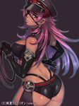  ass bare_shoulders bracelet breasts butt_crack copyright_name dark_skin earrings elbow_gloves eyepatch gloves hat horns iris_beresford jewelry junketsu_duelion large_breasts long_hair looking_back official_art pink_hair red_eyes sethxzoe simple_background solo spiked_bracelet spikes strapless translated tubetop whip 
