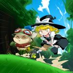  1girl bad_id bad_pixiv_id blonde_hair braid broom broom_riding chasing crossover hat kirisame_marisa league_of_legends mushroom running space_jin teemo tongue touhou witch_hat yellow_eyes 