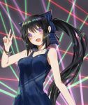  1girl black_hair blue_bow blue_dress blush bow bracelet breasts commentary_request dress fang hair_bow jewelry large_breasts long_hair looking_at_viewer nail_polish noccu noihara_himari omamori_himari open_mouth pendant pink_nails ponytail purple_eyes solo v very_long_hair 
