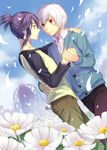  blue_hair brown_hair cardigan flower kanou_ayumi multiple_boys nezumi_(no.6) no.6 petals red_eyes shion_(no.6) short_hair short_ponytail white_hair 