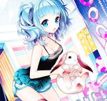  animal aqua_hair blue_eyes blue_hair breasts bunny cleavage curtains dutch_angle edited gradient_hair lowres multicolored_hair nardack open_mouth pigtails rabbit short_hair short_twintails shorts solo tank_top thighhighs twintails 