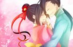  1boy 1girl black_hair chinese_clothes eyes_closed fullmetal_alchemist lan_fan ling_yao pink_background ponytail 