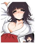  bad_id bad_pixiv_id black_eyes black_hair blush breasts breasts_apart camera covered_nipples itsuwa japanese_clothes jitsudan lying medium_breasts miko no_bra open_clothes open_shirt parted_lips shirt short_hair solo to_aru_majutsu_no_index upper_body 