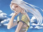  cloud day drawr fate/zero fate_(series) hair_tucking irisviel_von_einzbern long_hair marumaru22 red_eyes sky smile solo white_hair 