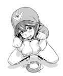  barefoot blush bowl breast_squeeze breasts cum dragon_quest dragon_quest_ii from_above greyscale hood large_breasts looking_at_viewer monochrome nipples nude open_mouth paw_pose pet_bowl pet_play princess_of_moonbrook shin_(sin-maniax) solo squatting tongue tongue_out 