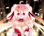  :d ahoge armlet bad_id bad_pixiv_id bare_shoulders blurry breasts cleavage collarbone depth_of_field detached_collar dress flower hair_flower hair_intakes hair_ornament hair_ribbon hand_on_own_chest jewelry large_breasts light_particles light_rays long_hair looking_at_viewer necklace open_mouth original pink_eyes pink_hair ribbon s20 see-through smile solo tiara twintails upper_body very_long_hair wrist_cuffs yandere 