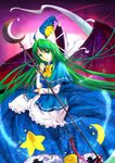  blue_capelet bow capelet chain crescent demon_wings dress ghost_tail green_eyes green_hair hat highres long_hair mima neko_kuriya open_mouth smile solo sparkle staff star sun_(symbol) touhou touhou_(pc-98) wings wizard_hat 