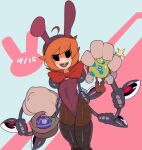 accessory ahoge ambiguous_gender ambiguous_humanoid animate_inanimate basket black_eyes blush bow_tie brown_clothing brown_leggings brown_legwear bunny_costume captainkirb clothing container costume cybernetic_arm cybernetic_eye cybernetic_limb cybernetics cyborg digital_drawing_(artwork) digital_media_(artwork) duo easter easter_egg fake_ears fake_ears_hairband fake_rabbit_ears female female_human fishnet_clothing fishnet_leggings fishnet_legwear george_(skullgirls) glistening glistening_clothing glistening_leggings glistening_legwear hair half-closed_eyes handwear headband hi_res holding_another holding_basket holding_bomb holding_container holding_easter_basket holding_object holidays human human_ears humanoid latex latex_clothing latex_leggings latex_legwear leggings legwear lit_fuse living_bomb looking_at_viewer machine mammal metal_teeth narrowed_eyes not_furry number orange_hair peacock_(skullgirls) pink_blush pink_pupils pupils red_bow_tie red_tongue sharp_teeth short_hair skullgirls standing tan_body tan_clothing tan_ears tan_gloves tan_handwear tan_skin teeth tongue toony