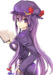  absurdres at2. bangs bonnet book bow hair_ornament highres long_hair looking_at_viewer patchouli_knowledge purple_eyes purple_hair solo touhou white_background 