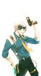  black_hair green_eyes gun handgun highres holster jarako_(gaillardia) ludger_will_kresnik male_focus multicolored_hair pistol sleeves_rolled_up solo suspenders tales_of_(series) tales_of_xillia tales_of_xillia_2 thigh_holster weapon white_hair 