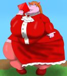 alythewolfcat amy_(goetia) animal_crossing anthro ars_goetia bitty_(animal_crossing) bottomwear bottomwear_around_one_leg bottomwear_down brown_hair clothing clothing_around_one_leg common_hippopotamus costume dress_suit female fur hair hi_res hippopotamid legwear makeup mammal nintendo pink_body pink_fur skirt skirt_around_one_leg solo stockings tablet_computer tablet_pen
