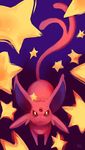  bad_deviantart_id bad_id commentary creature espeon forked_tail from_above full_body gen_2_pokemon glitchedpuppet highres looking_at_viewer looking_up no_humans pokemon pokemon_(creature) purple_background purple_eyes signature star starry_background tail 