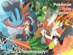  1boy 1girl :d :o anniversary bike_shorts black_shorts blaziken bow bracelet brendan_(pokemon) brown_hair carrying fanny_pack fire hair_bow hat jewelry looking_at_viewer may_(pokemon) mega_blaziken mega_sceptile mega_swampert open_mouth pokemon pokemon_(creature) pokemon_oras princess_carry red_bow red_shirt runachikku sceptile shirt shorts sleeveless sleeveless_shirt smile swampert teeth twitter_username upper_teeth_only water white_hat 