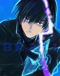  black_hair blue_eyes darker_than_black doraeshi electricity expressionless gloves glowing glowing_eye hei highres male_focus signature solo 
