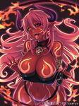  bare_shoulders bracelet breast_hold breasts bridal_gauntlets cleavage copyright_name crossed_arms dark_skin demon_girl demon_horns earrings fire heterochromia horns iris_beresford jewelry junketsu_duelion large_breasts long_hair nail_polish navel official_art piercing pink_hair pointy_ears red_eyes sethxzoe solo spiked_bracelet spikes thigh_gap tongue tongue_piercing translated whip yellow_eyes 