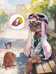  ! !? 1girl aviator_goggles between_legs bike_shorts black_shorts blue_eyes collarbone commentary_request dark-skinned_female dark_skin diglett drooling food goggles goggles_on_head green_jacket grey_shirt hand_between_legs highres inkling inkling_girl inkling_player_character jacket jajanome letterman_jacket long_hair long_sleeves looking_at_another on_bench open_clothes open_jacket open_mouth outdoors partial_commentary pink_hair pointy_ears pokemon pokemon_(creature) purple_footwear ringed_eyes roasted_sweet_potato shirt shoes short_eyebrows shorts sitting sneakers speech_bubble splatoon_(series) spoken_food sweet_potato teeth tentacle_hair thick_eyebrows through_ground twintails upper_teeth_only v_arms 