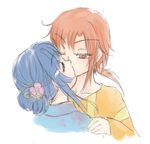  aoki_reika blue_hair casual closed_eyes ere_(elemental) hair_bun hair_ornament hino_akane_(smile_precure!) japanese_clothes kimono kiss multiple_girls one_eye_closed orange_shirt ponytail precure red_eyes red_hair shirt smile_precure! white_background yuri 