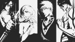  1girl 3boys absurdres aiming black_background black_hair black_kimono bleach bleach:_sennen_kessen-hen bow_(weapon) clenched_hand closed_mouth commentary eyelashes floating_hair glasses greyscale hand_up highres holding holding_bow_(weapon) holding_weapon inoue_orihime ishida_uryuu japanese_clothes kimono kubo_tite_(style) kurosaki_ichigo lips long_hair long_sleeves looking_at_viewer monochrome multiple_boys muscular muscular_male outstretched_arm parted_bangs parted_lips profile rozuberry sado_yasutora serious short_hair simple_background sleeves_past_wrists spiked_hair upper_body weapon white_background 